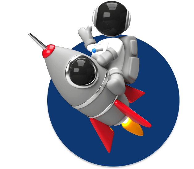 Astronauta em cima de um foguete com celular no site do Juca
