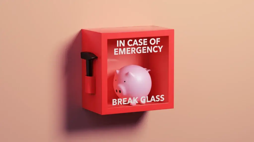 Red emergency box with a pink piggy bank inside and the text 'IN CASE OF EMERGENCY BREAK GLASS'.