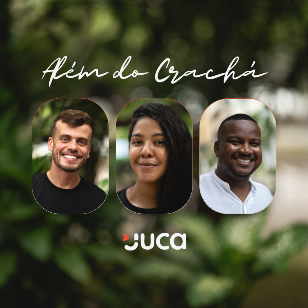 Three smiling people shown in rounded portrait frames against a green garden background, with a cursive title above and a UC A logo below.