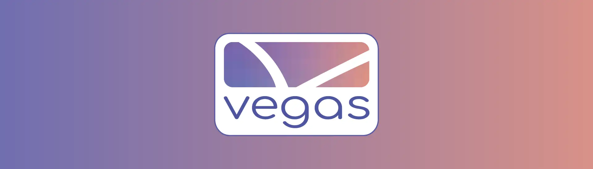 Vegas logo: white rounded-rectangle badge with purple outline and abstract purple gradient shape, and the word 'vegas' in blue lowercase letters on a purple-to-peach gradient background.