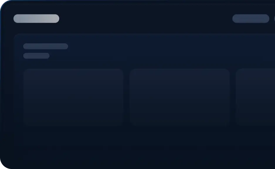 Dark blue UI mockup: header with rounded pills and a row of three rounded content cards in a grid layout.