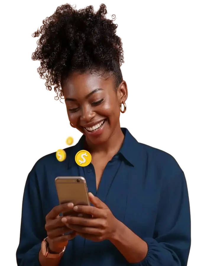 Smiling woman in a blue shirt uses a smartphone with gold coin icons appearing from the screen, suggesting mobile earnings or payments.