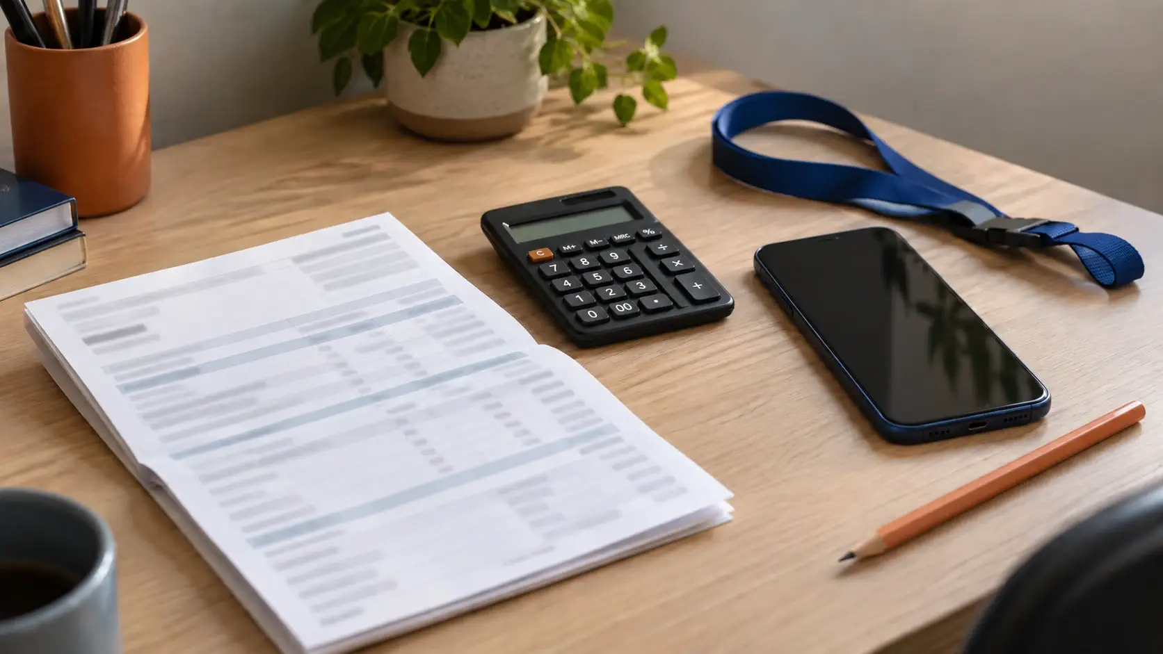 Demonstrativo de pagamento, celular e calculadora para comparar adiantamento e antecipação de salário.