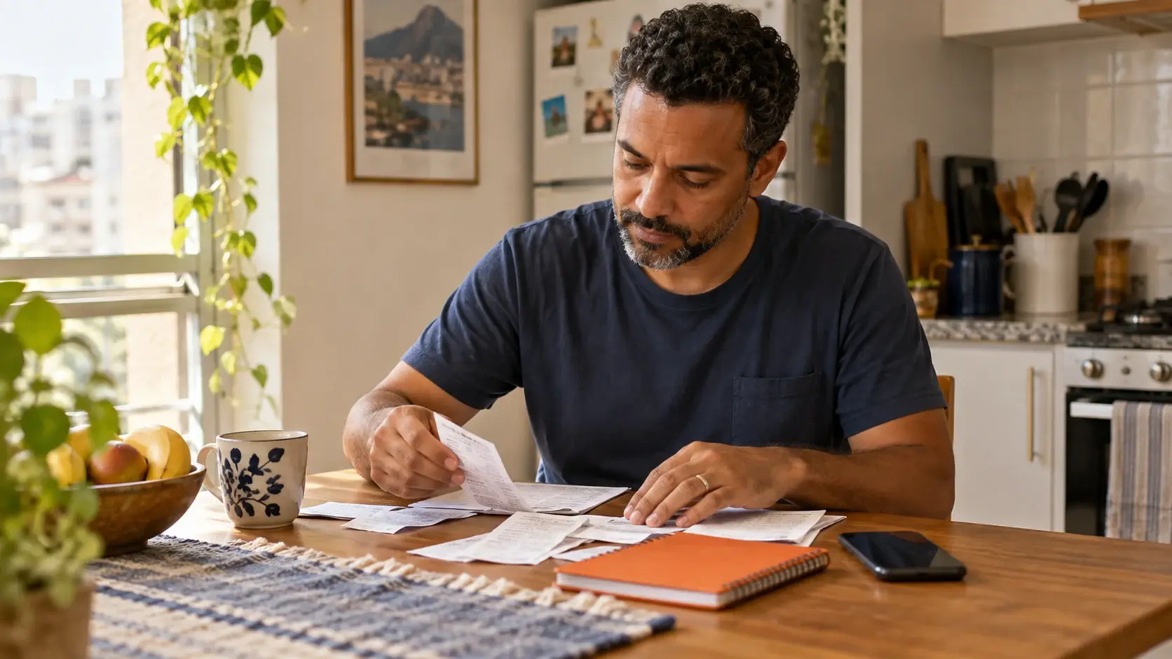 Homem organizando comprovantes e orçamento doméstico ao lado do celular.
