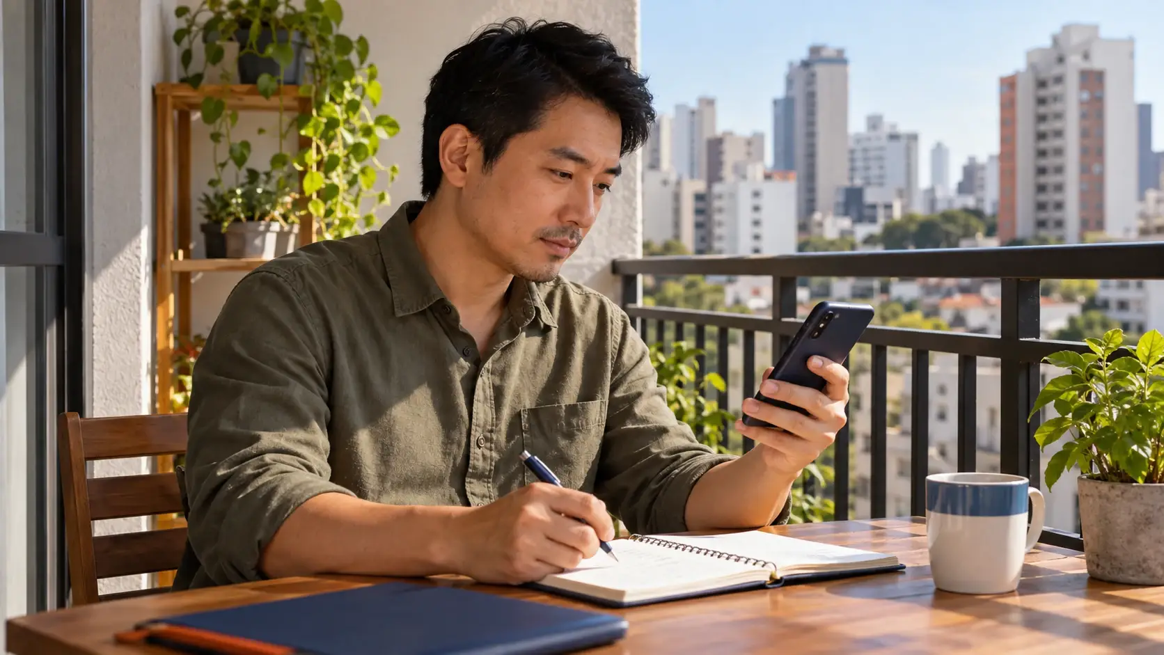 Homem consulta o celular e um caderno na varanda sobre a proibição das bets na MP 1.394/2026.