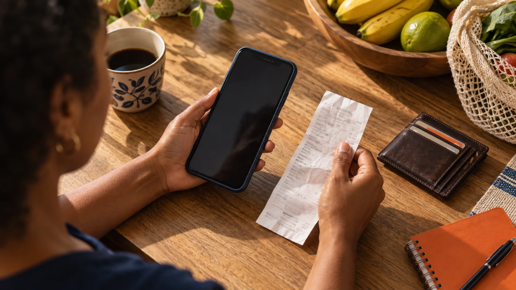 Pessoa usando o celular ao lado de carteira e comprovante de compras.