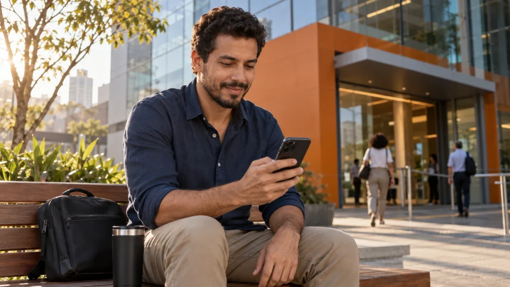 Homem consulta no celular um banco que libera empréstimo na hora, sentado em uma praça.