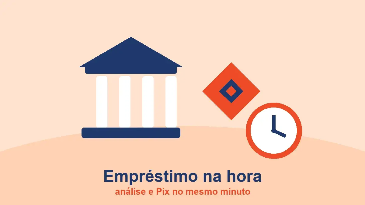 Ícone de banco, símbolo do Pix e relógio: empréstimo com análise e liberação na hora