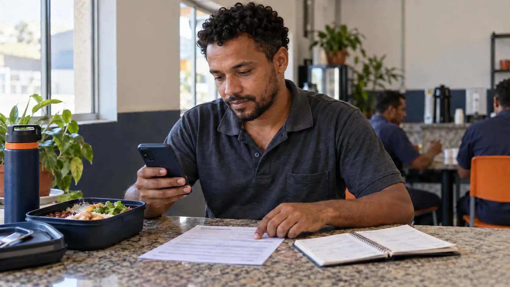 Trabalhador confere o celular e um demonstrativo ao lado de uma marmita e de um calendário.