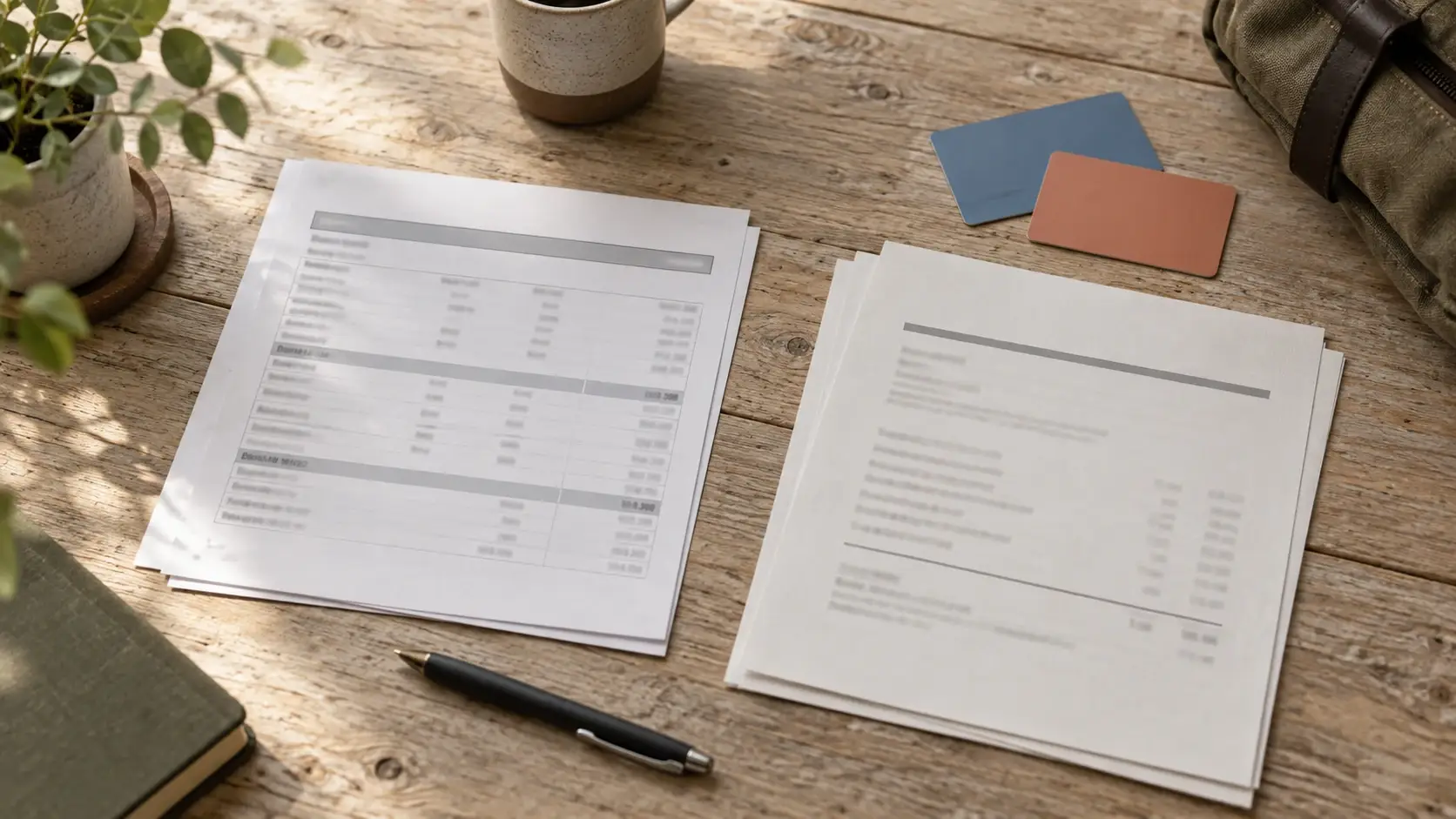 Documentos de pagamento e cartões de benefícios organizados separadamente sobre uma mesa.