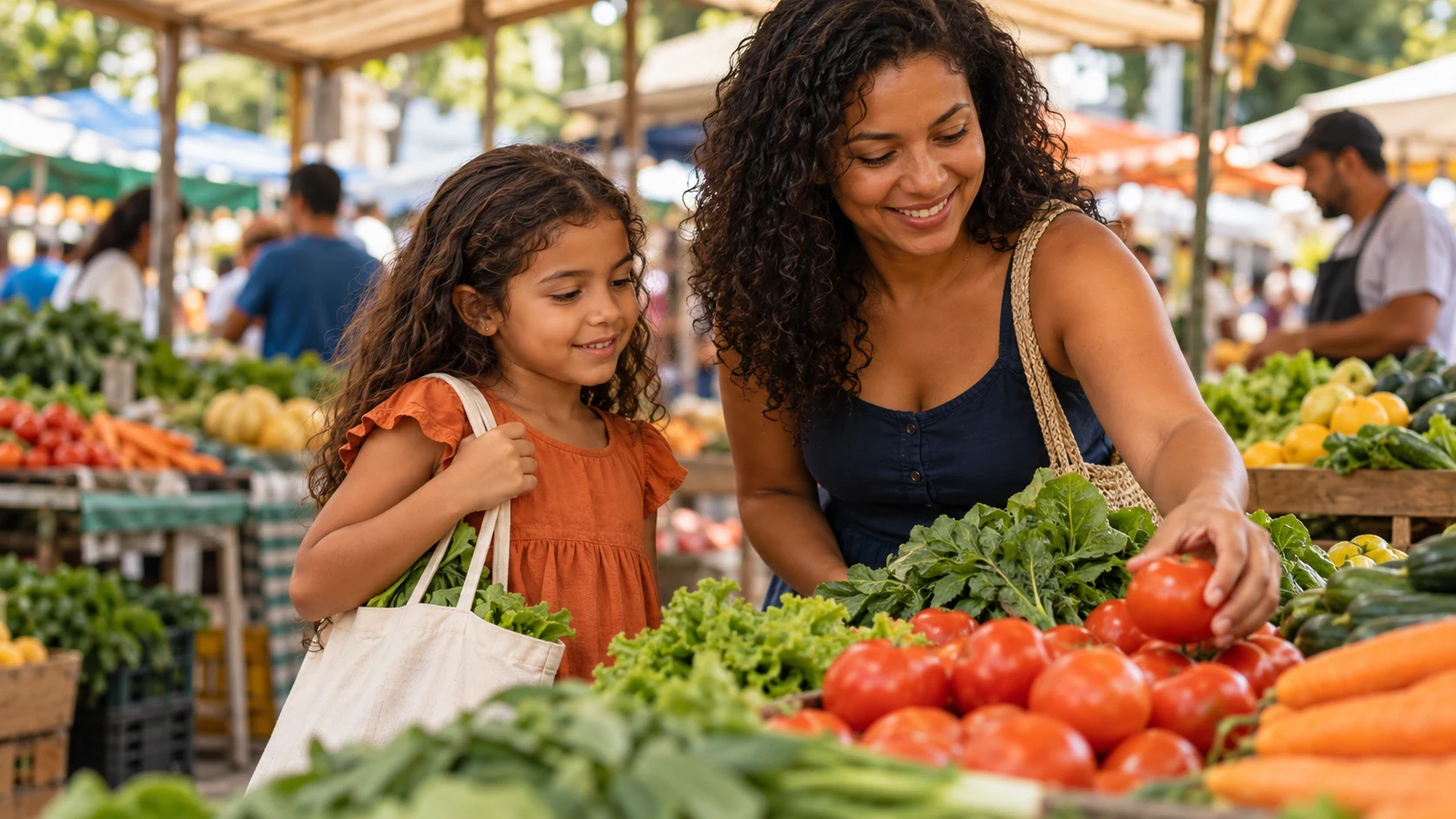 Mãe e filha escolhem verduras e legumes na feira de bairro após o reajuste do Bolsa Família.
