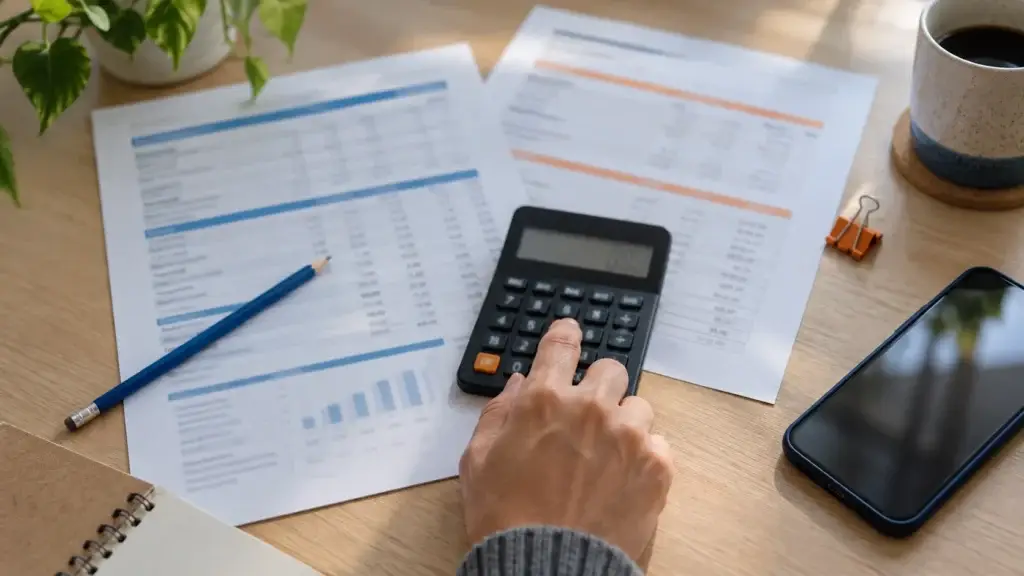 Holerites, celular e calculadora organizados para conferir o depósito mensal do FGTS.