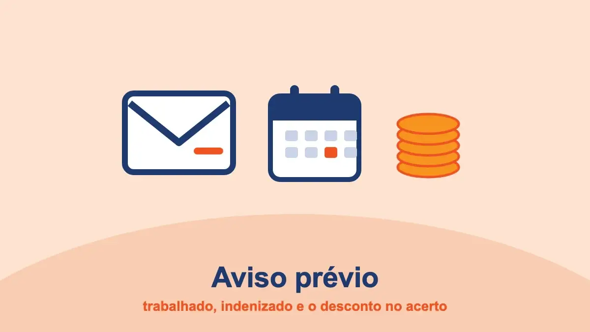 Ilustração com envelope, calendário e ícone de dados acima do título 'Aviso prévio' e subtítulo sobre pagamento e desconto no acerto trabalhista.