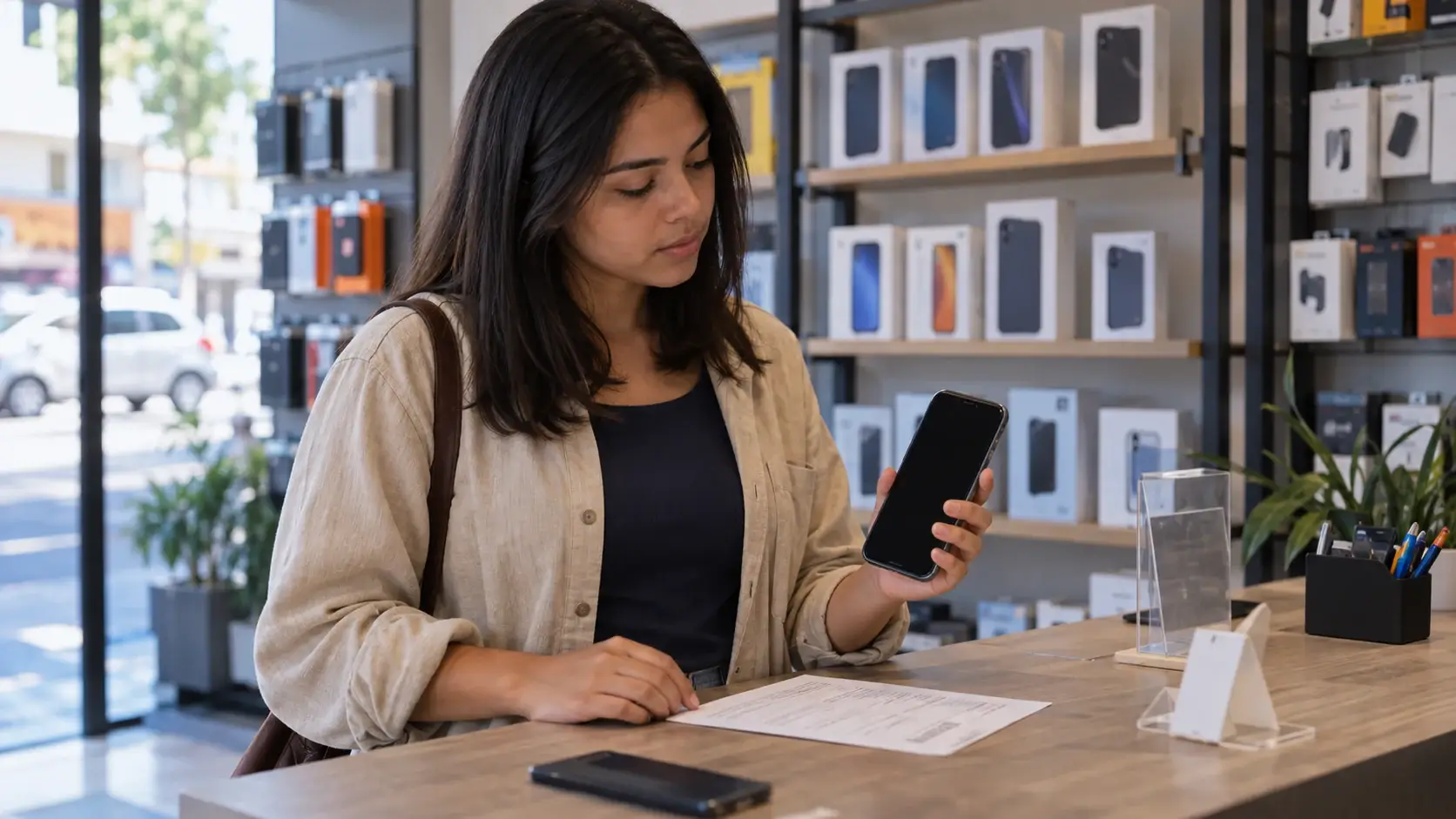 Consumidora compara um celular e uma proposta de compra em uma loja.