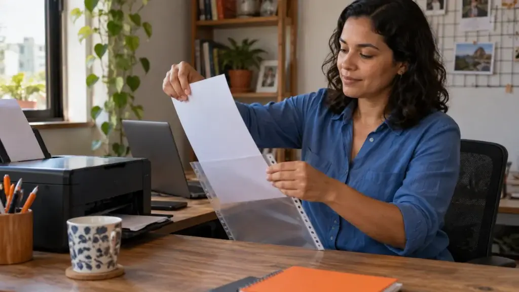 Mulher organiza um documento impresso em uma pasta transparente.