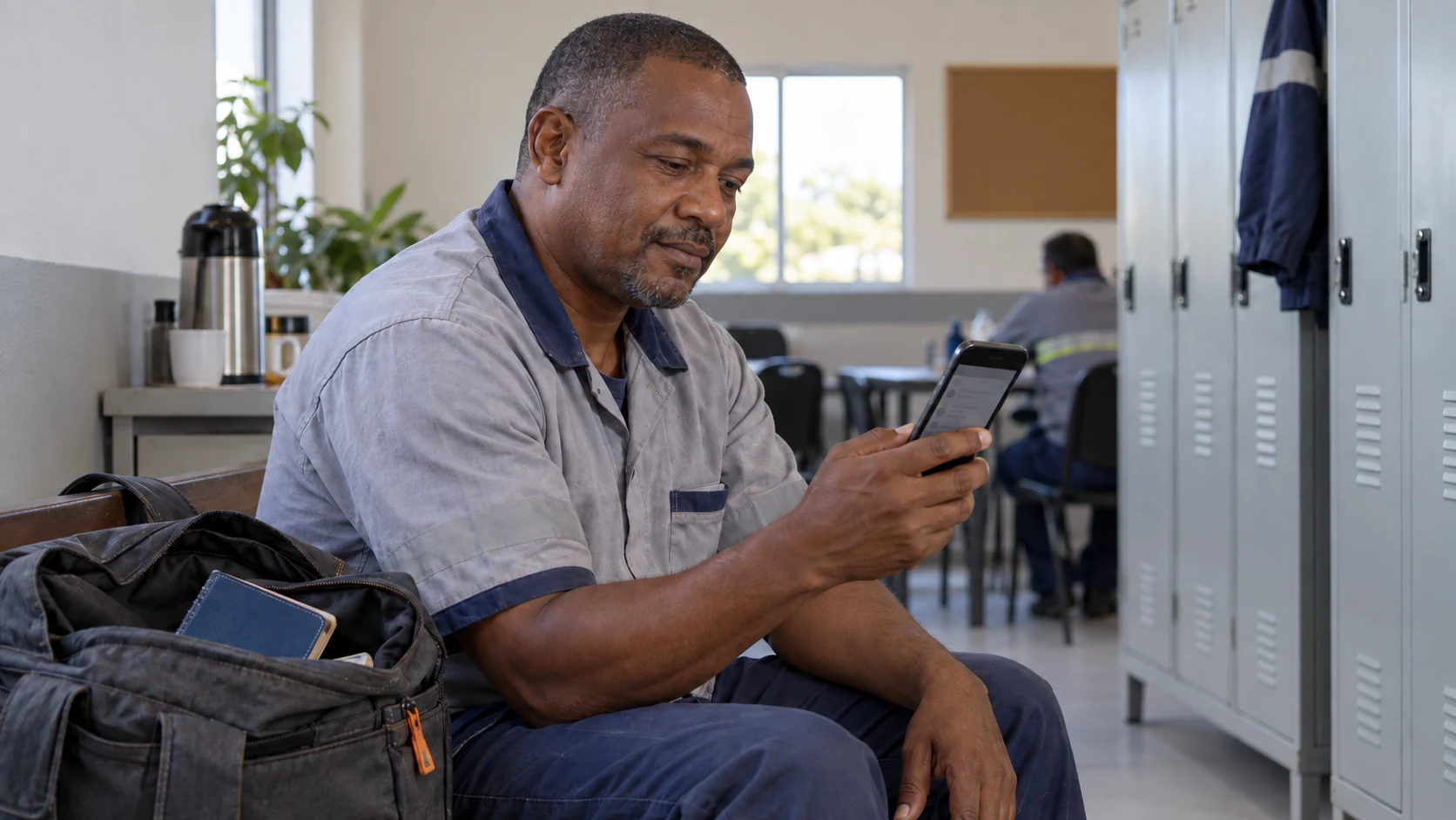 Trabalhador usando o celular ao lado de uma carteira de trabalho física guardada na bolsa.