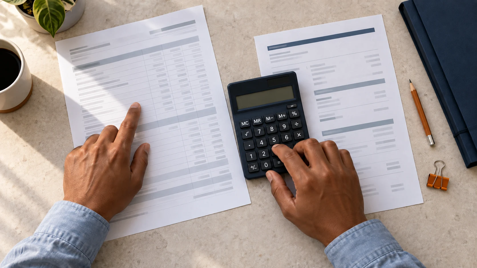 Mãos conferindo documentos e fazendo cálculos em uma calculadora.