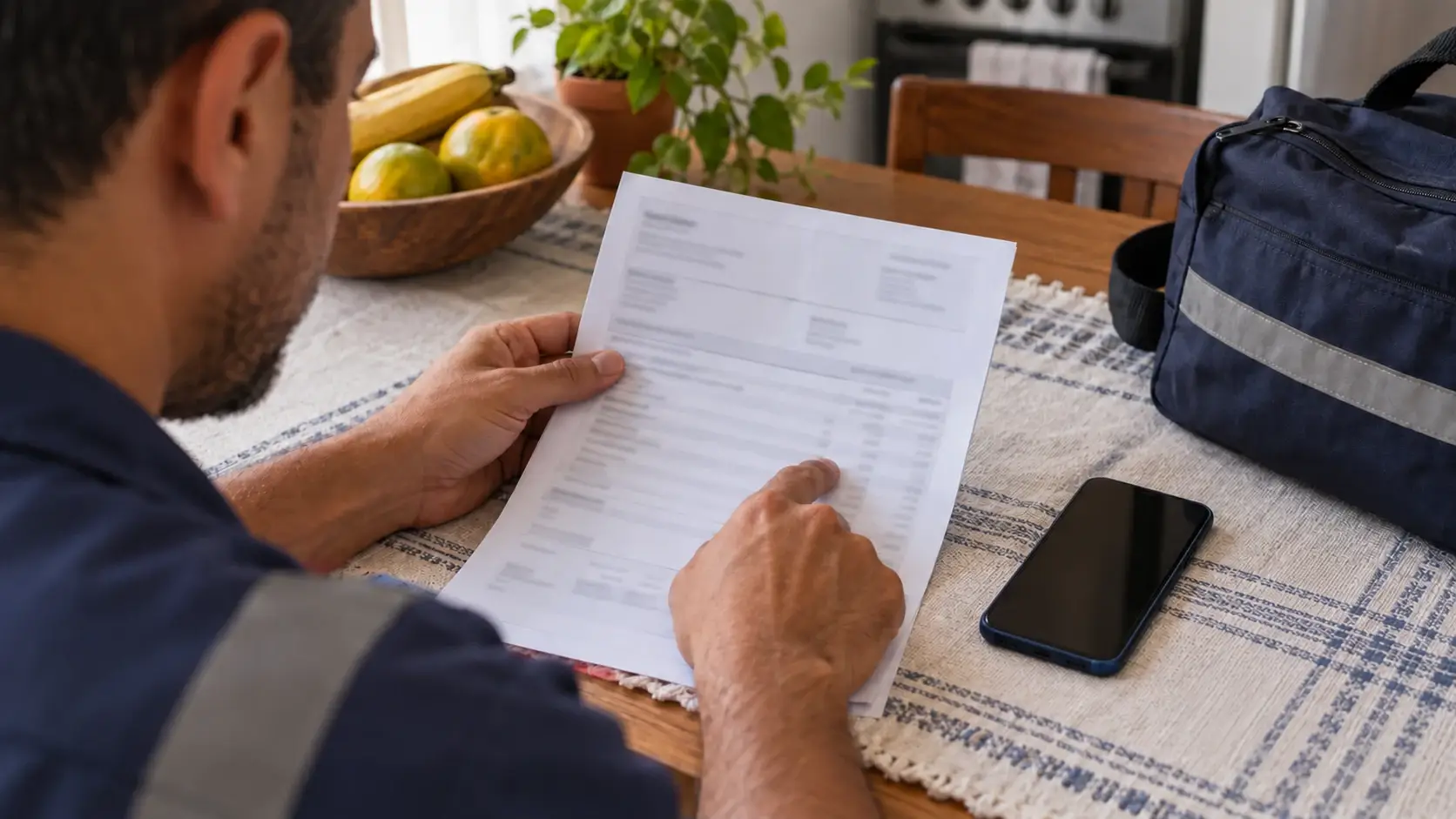Trabalhador confere um demonstrativo de pagamento com o celular ao lado.