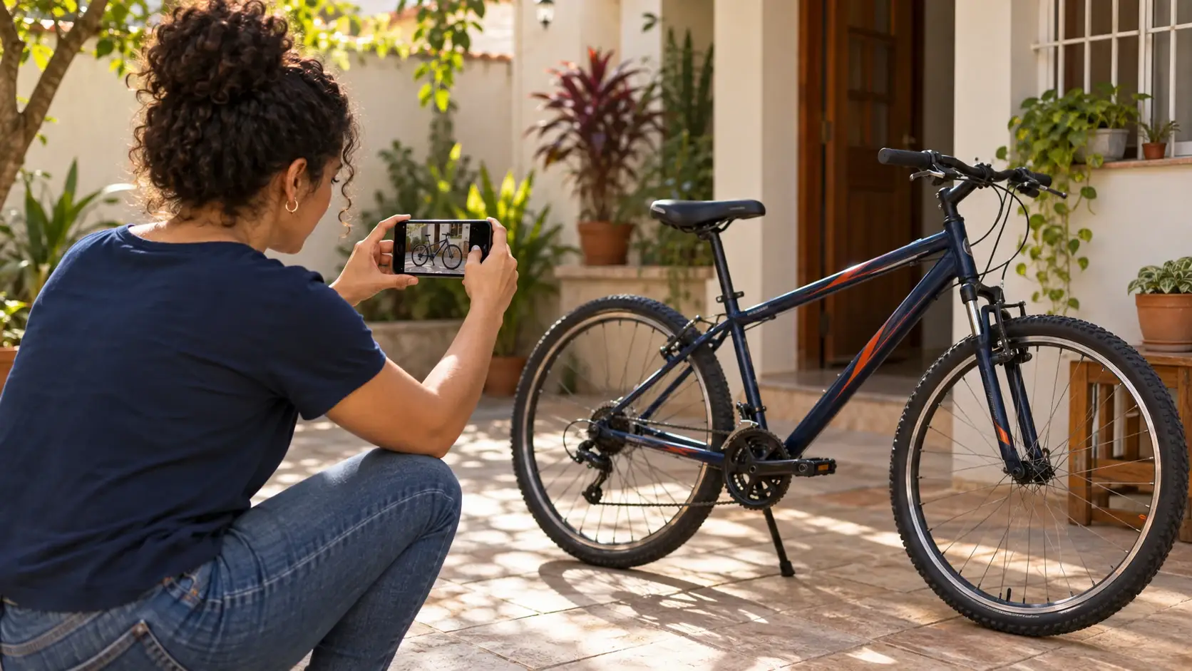 Mulher fotografa uma bicicleta no quintal para anunciá-la à venda.