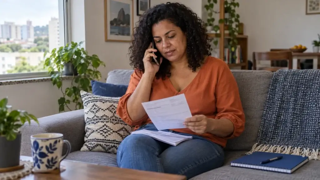 Mulher conversa por telefone enquanto confere documentos para negociar uma dívida.