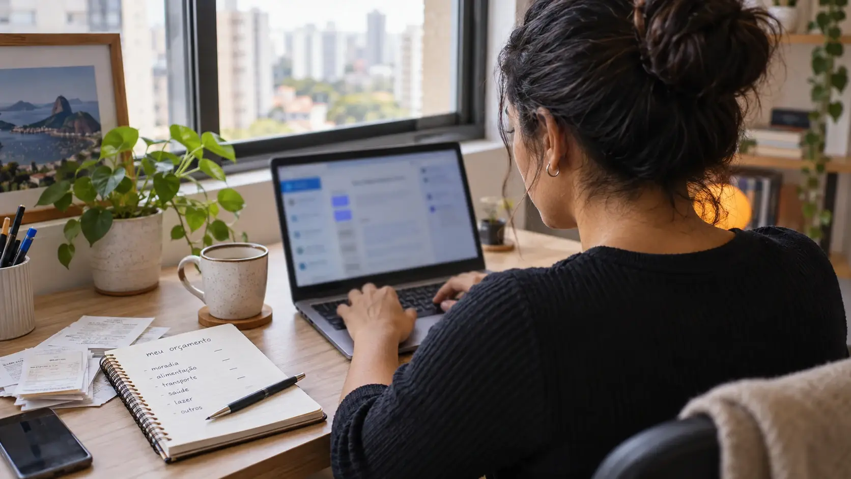 Mulher organiza o orçamento no computador com ajuda do ChatGPT, caderno e recibos.