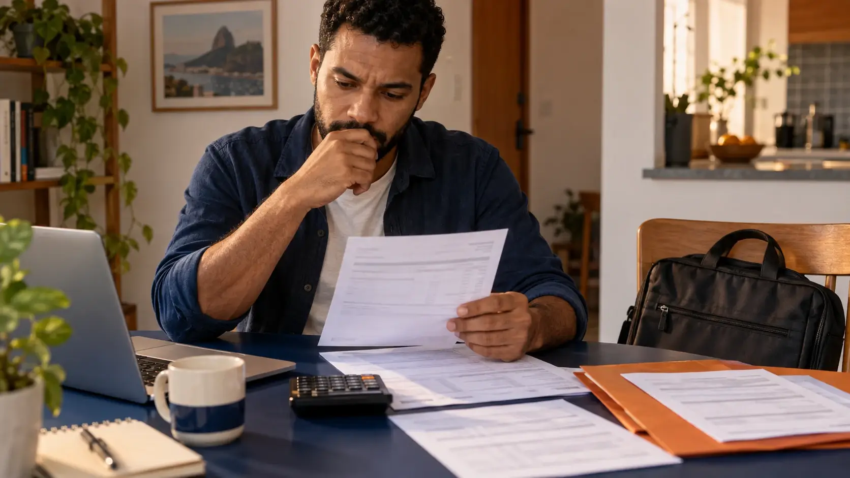 Pessoa conferindo holerite e documentos de rescisão com calculadora.