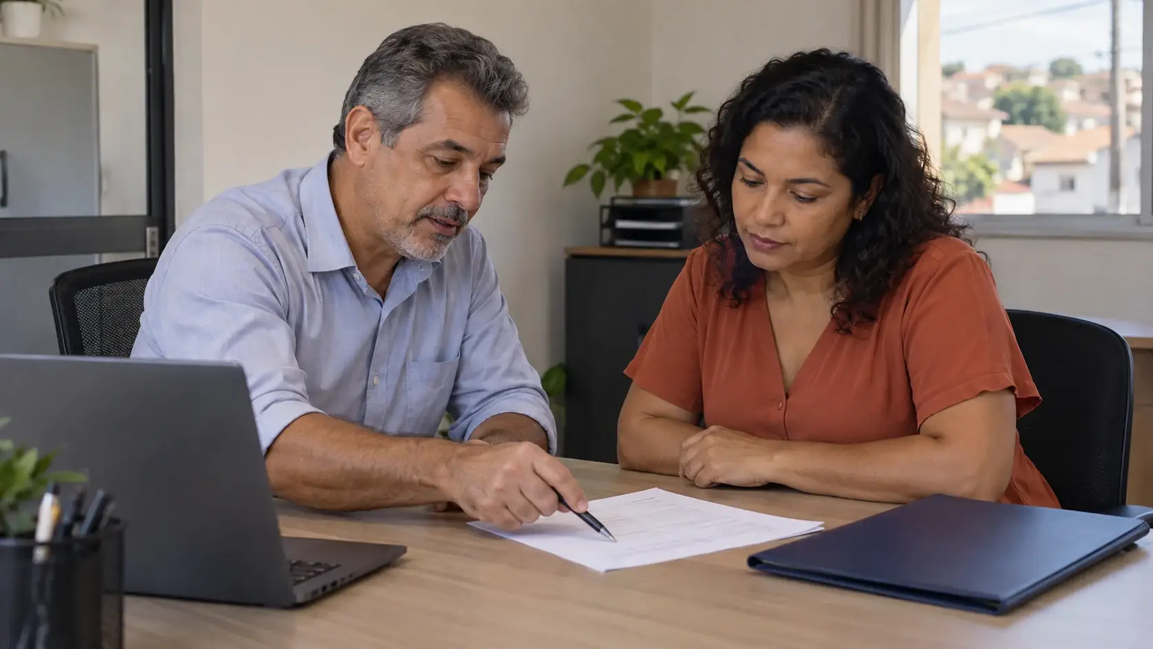 Atendente e cliente conferem uma proposta em um escritório.
