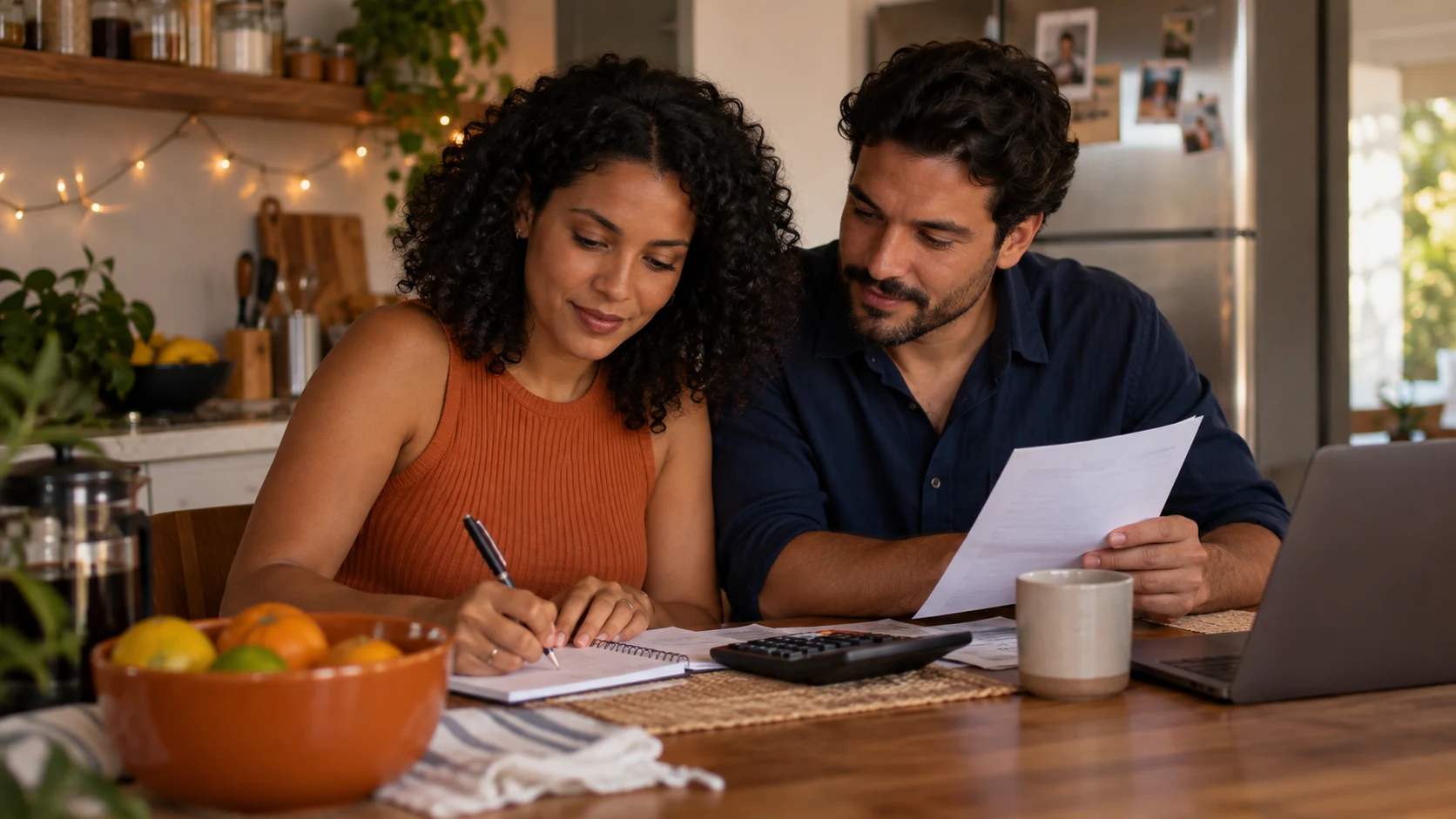 Casal revisando o planejamento financeiro de fim de ano com caderno e calculadora.