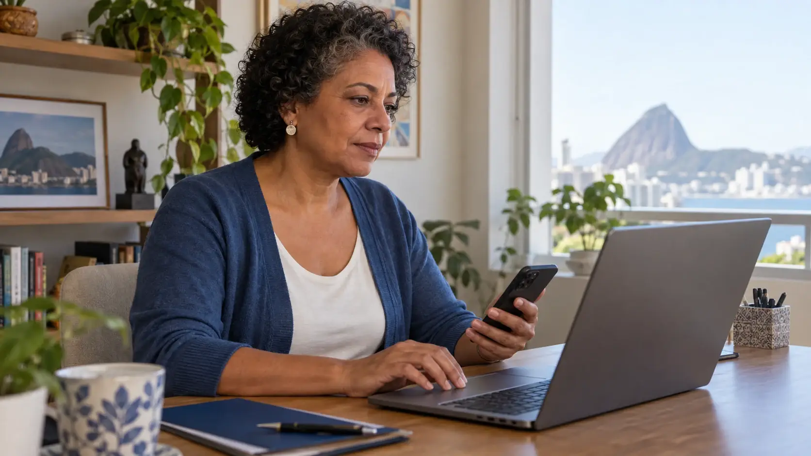 Mulher acessa o e-CAC da Receita Federal pelo celular e pelo computador com autenticação.
