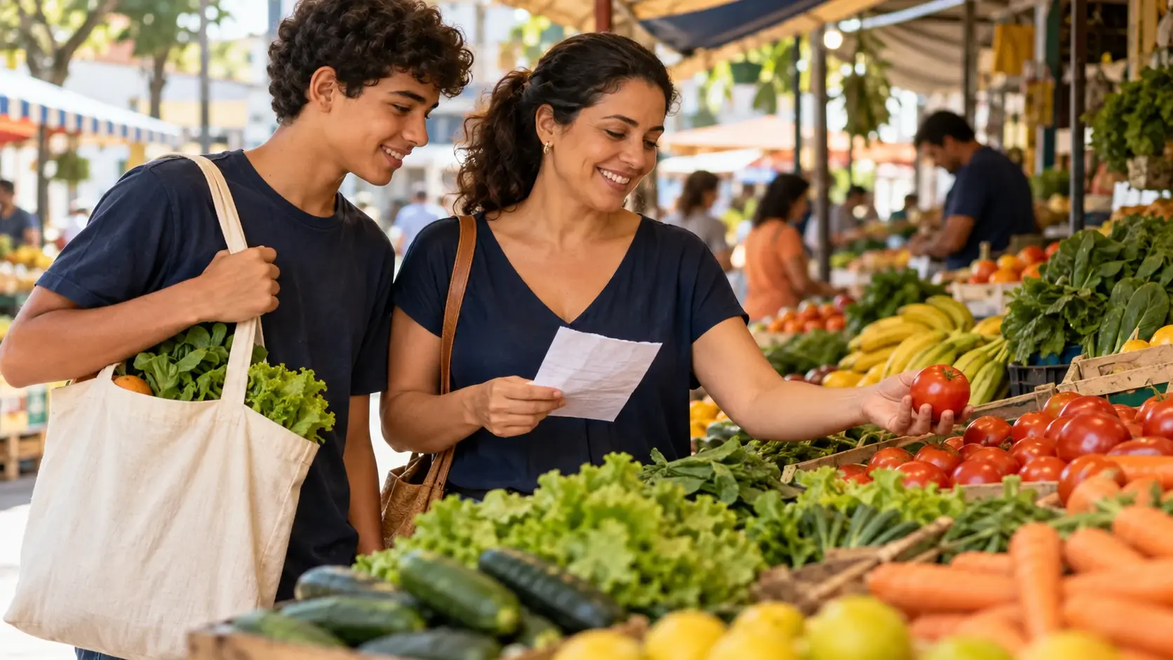 Mãe e filho consultam uma lista de compras em uma feira de frutas e verduras.