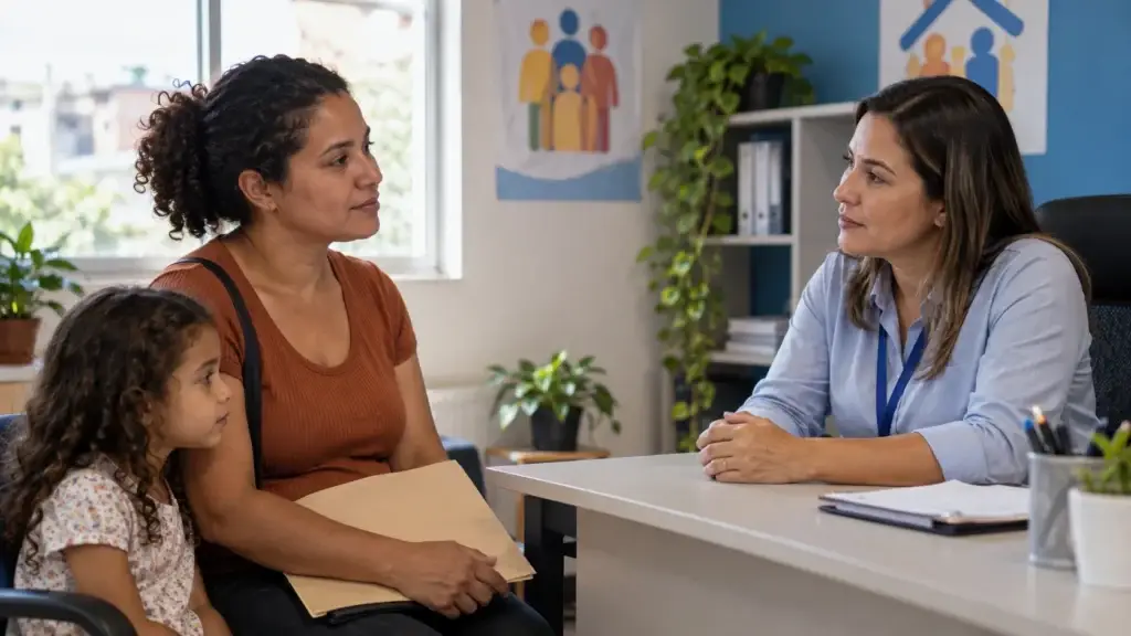 Mulher conversa com uma orientadora sobre empréstimo para quem recebe Bolsa Família em 2026.