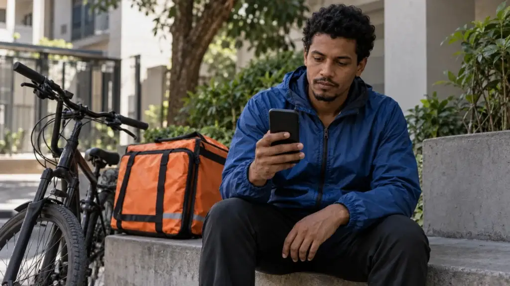 Entregador observa o celular ao lado da bicicleta e da bolsa de entregas.