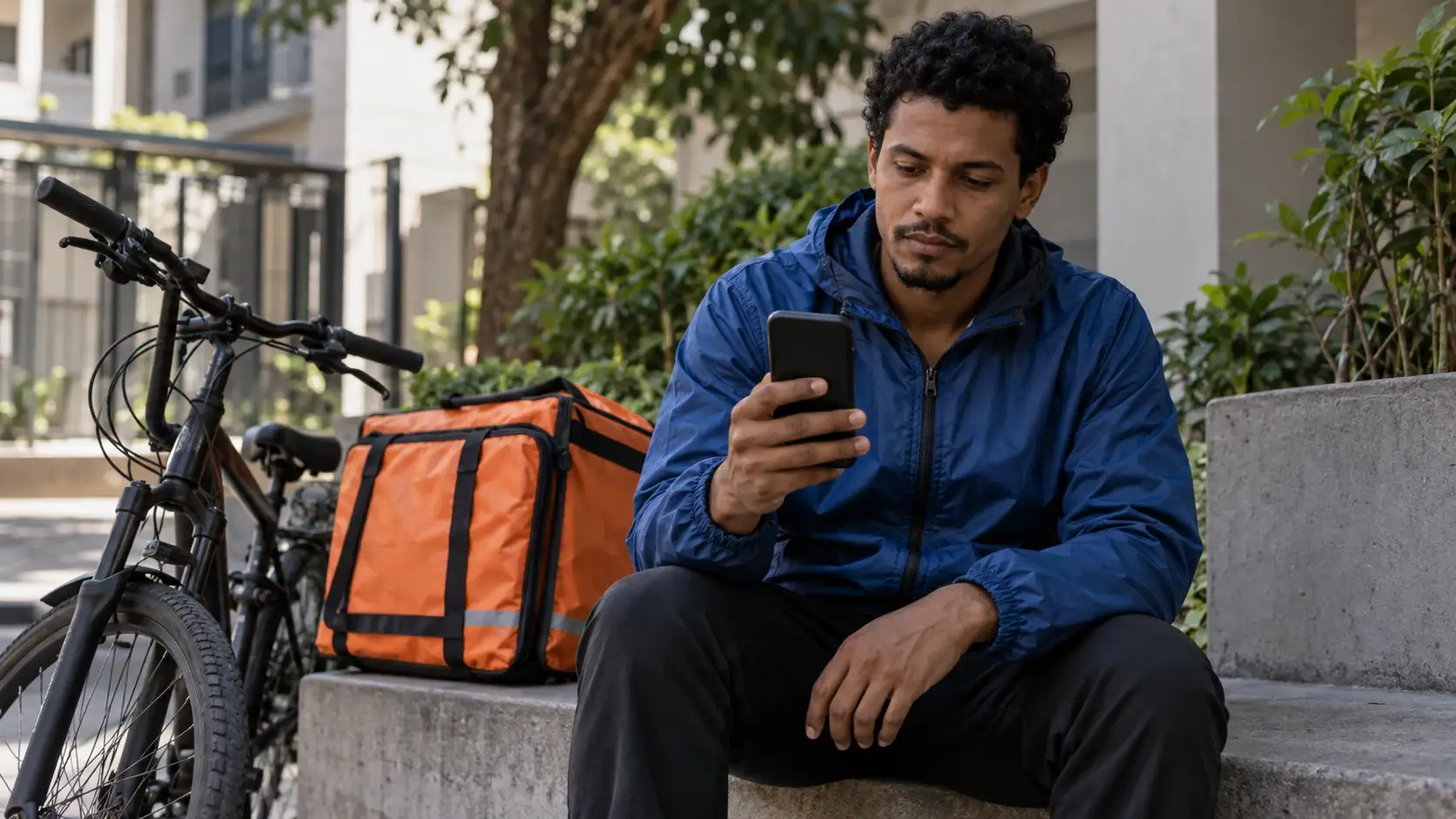 Entregador observa o celular ao lado da bicicleta e da bolsa de entregas.