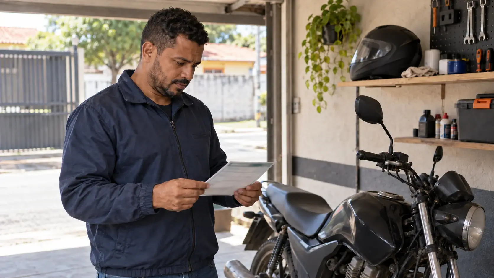 Proprietário confere um documento ao lado de sua moto estacionada.