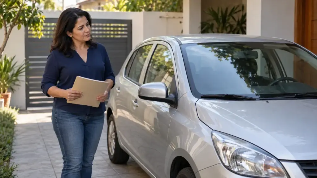 Mulher com documentos ao lado do carro que pode servir de garantia em um empréstimo.
