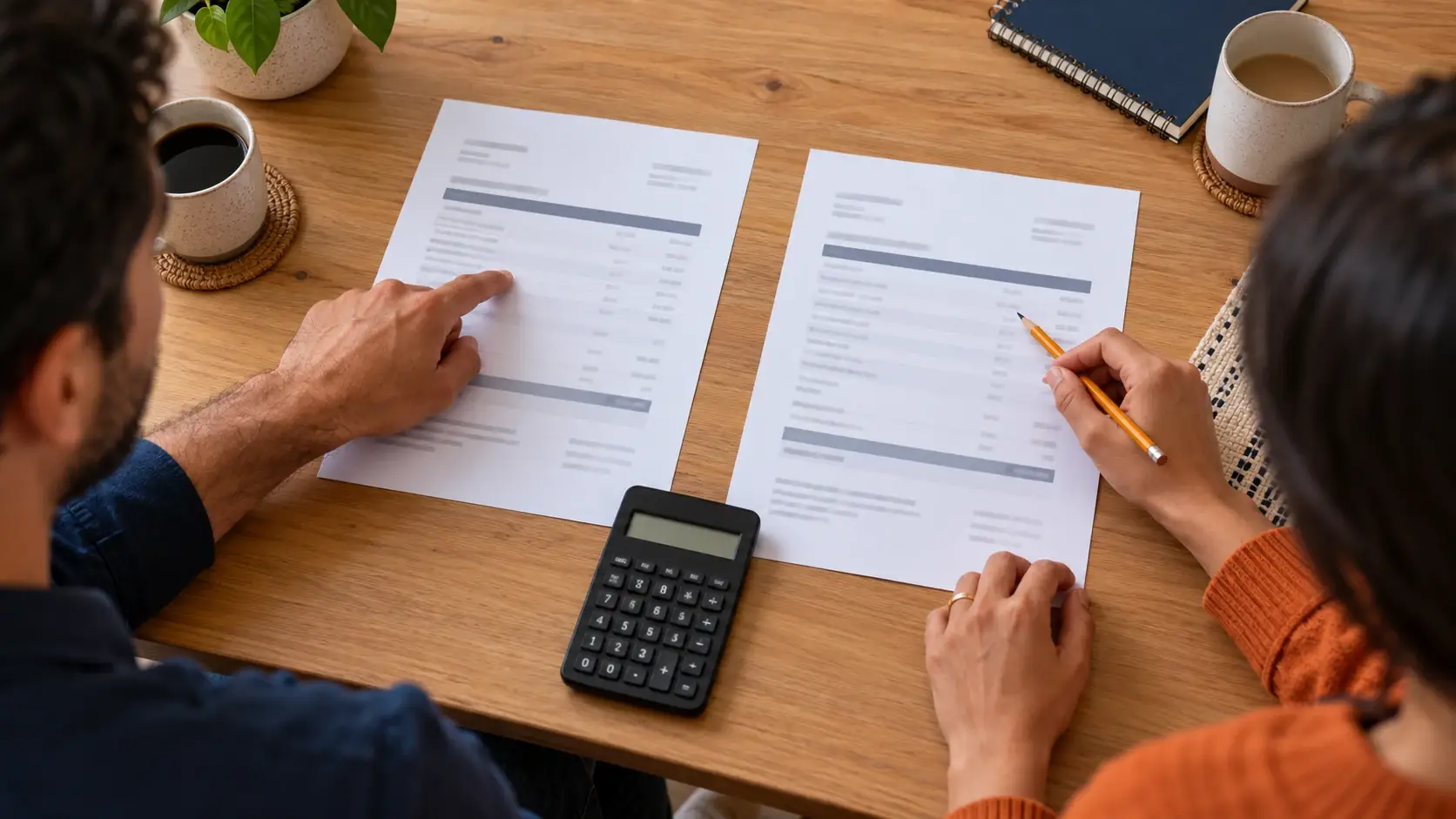 Duas pessoas comparam propostas sobre uma mesa com calculadora e lápis.