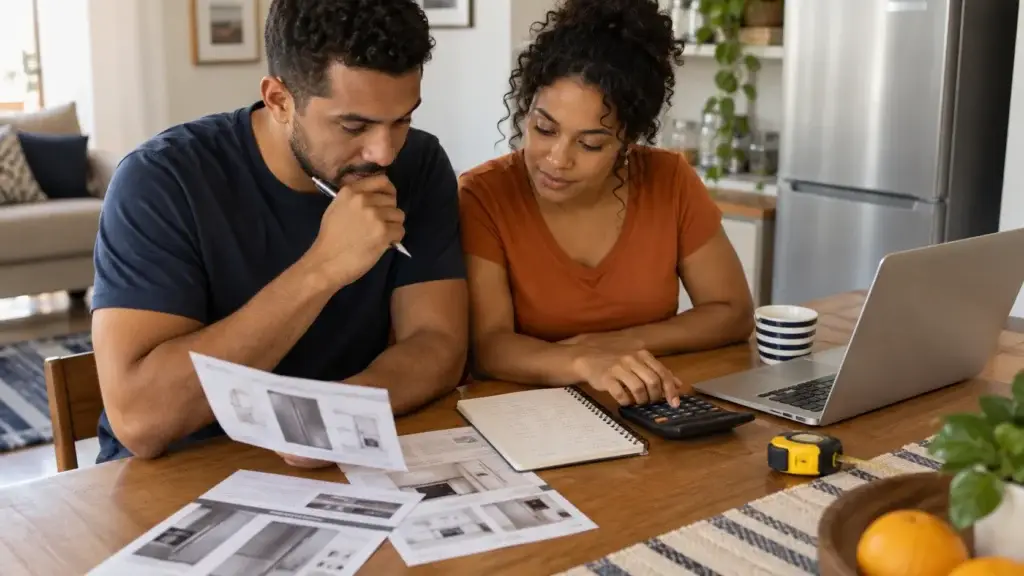 Pessoa planeja com calculadora e caderno um empréstimo de 1500 reais para negativado.