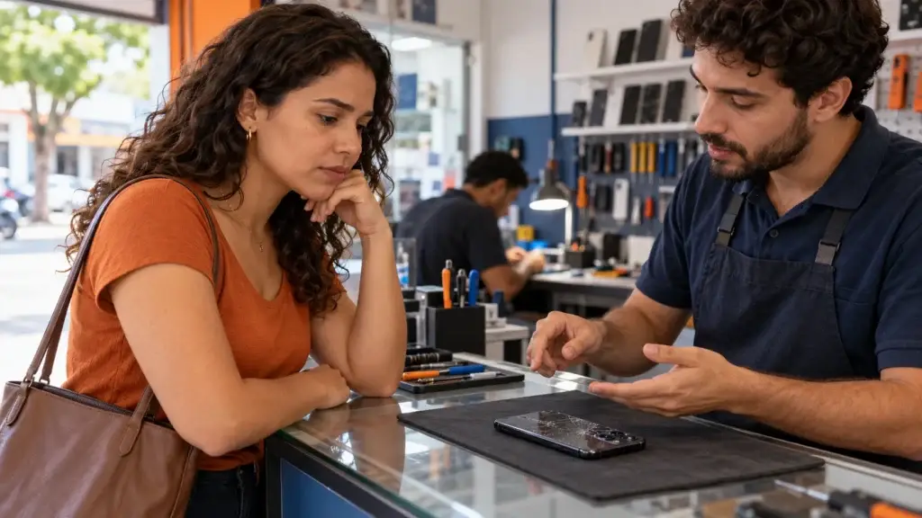 Mulher conversa com um técnico sobre o conserto do celular, que um empréstimo de 500 reais pode cobrir.