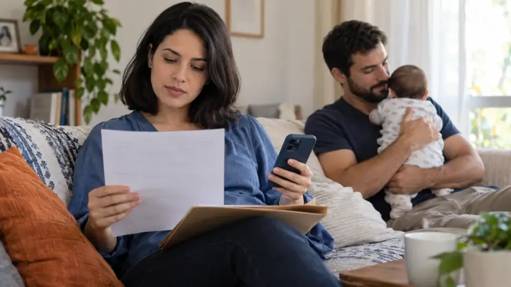 Mãe confere documentos e o celular ao avaliar um empréstimo durante a licença-maternidade, com o parceiro e o bebê ao fundo.