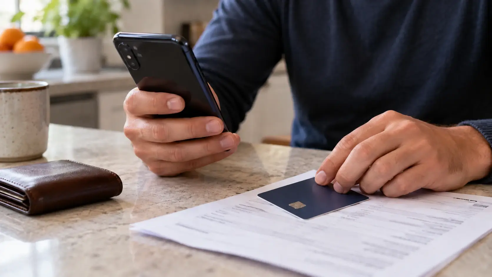 Pessoa confere o celular com um cartão e uma fatura ao lado.