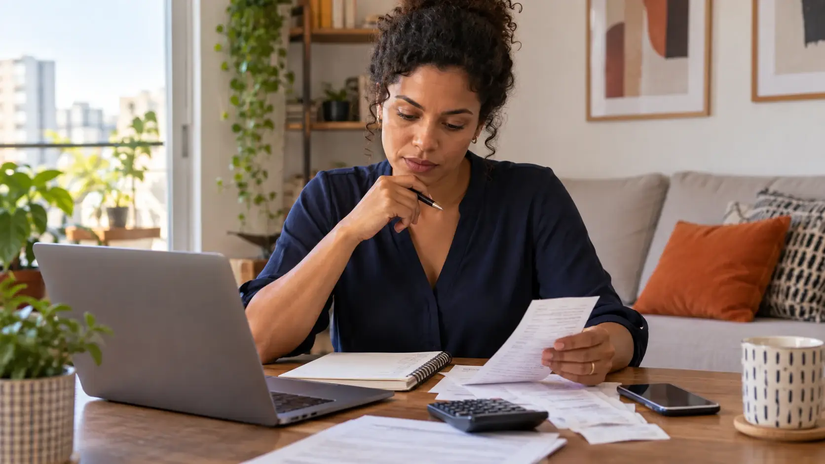 Mulher comparando opções financeiras em um caderno, com celular ao lado.