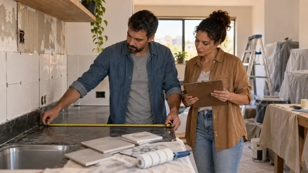 Casal mede a cozinha e planeja a reforma da casa com um empréstimo da Caixa.