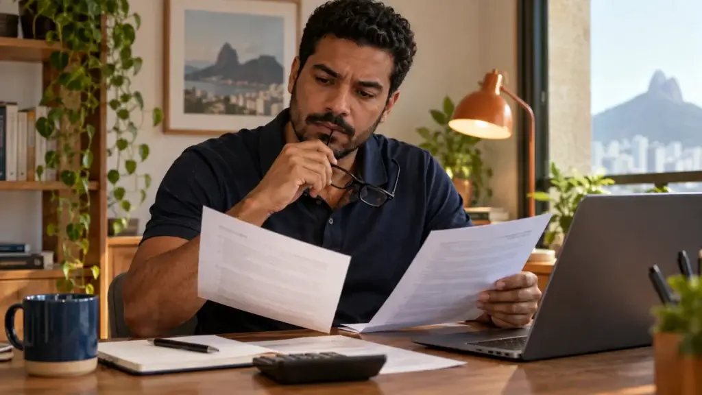 Homem compara condições de empréstimo sem consulta ao lado de um notebook.