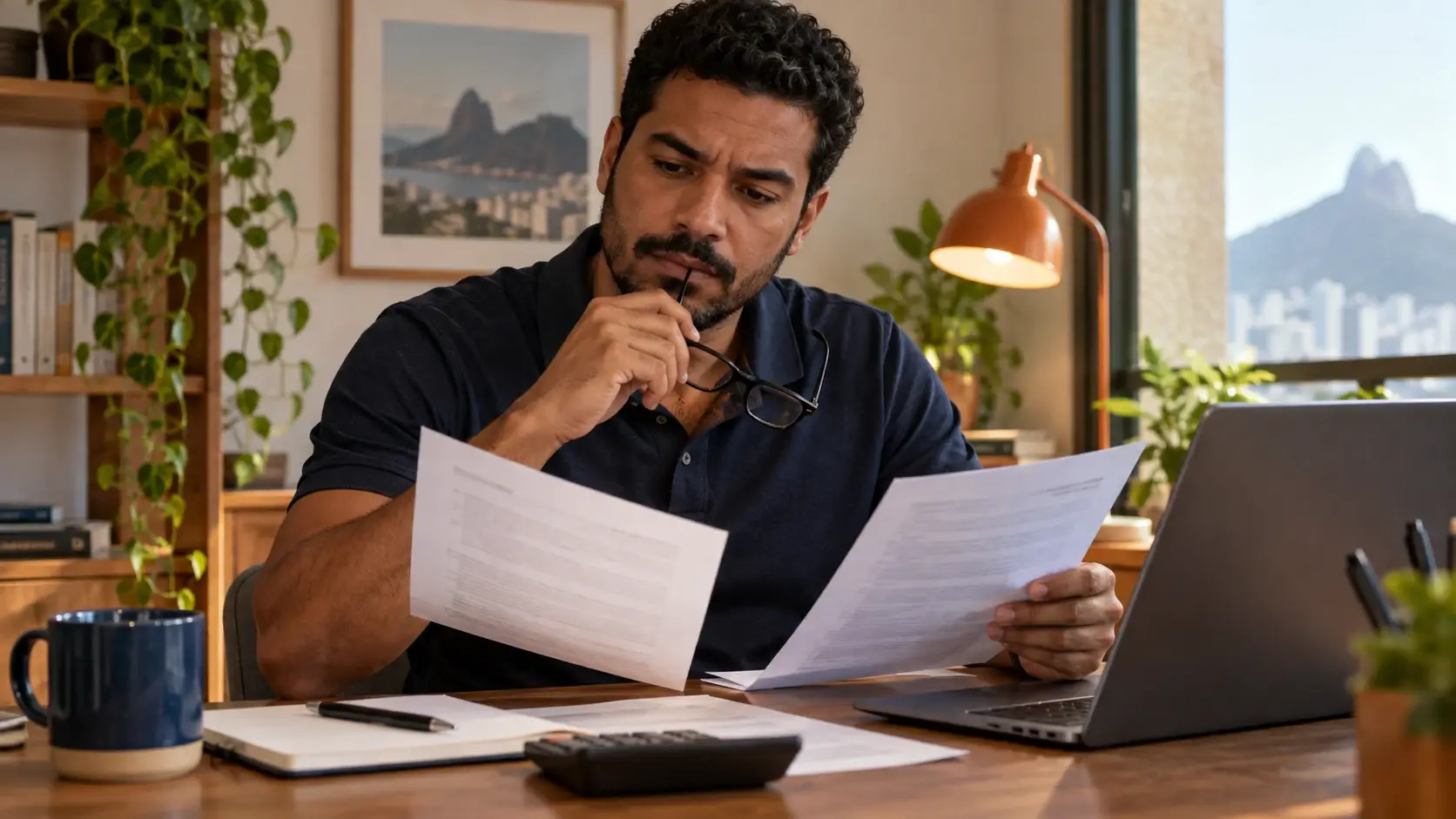 Homem comparando condições de documentos financeiros ao lado de um notebook.