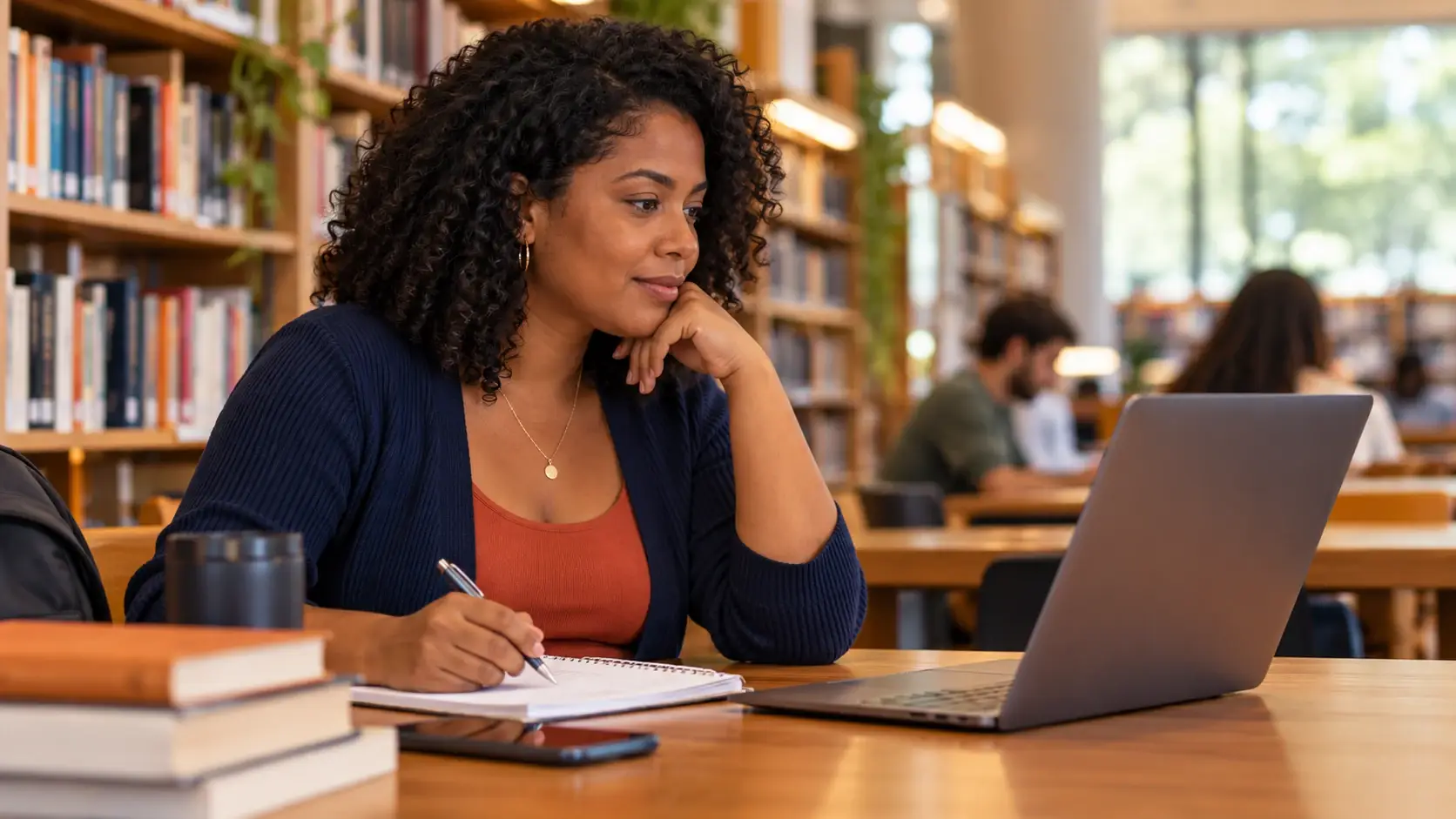 Mulher consulta um notebook e suas anotações em uma mesa de biblioteca.