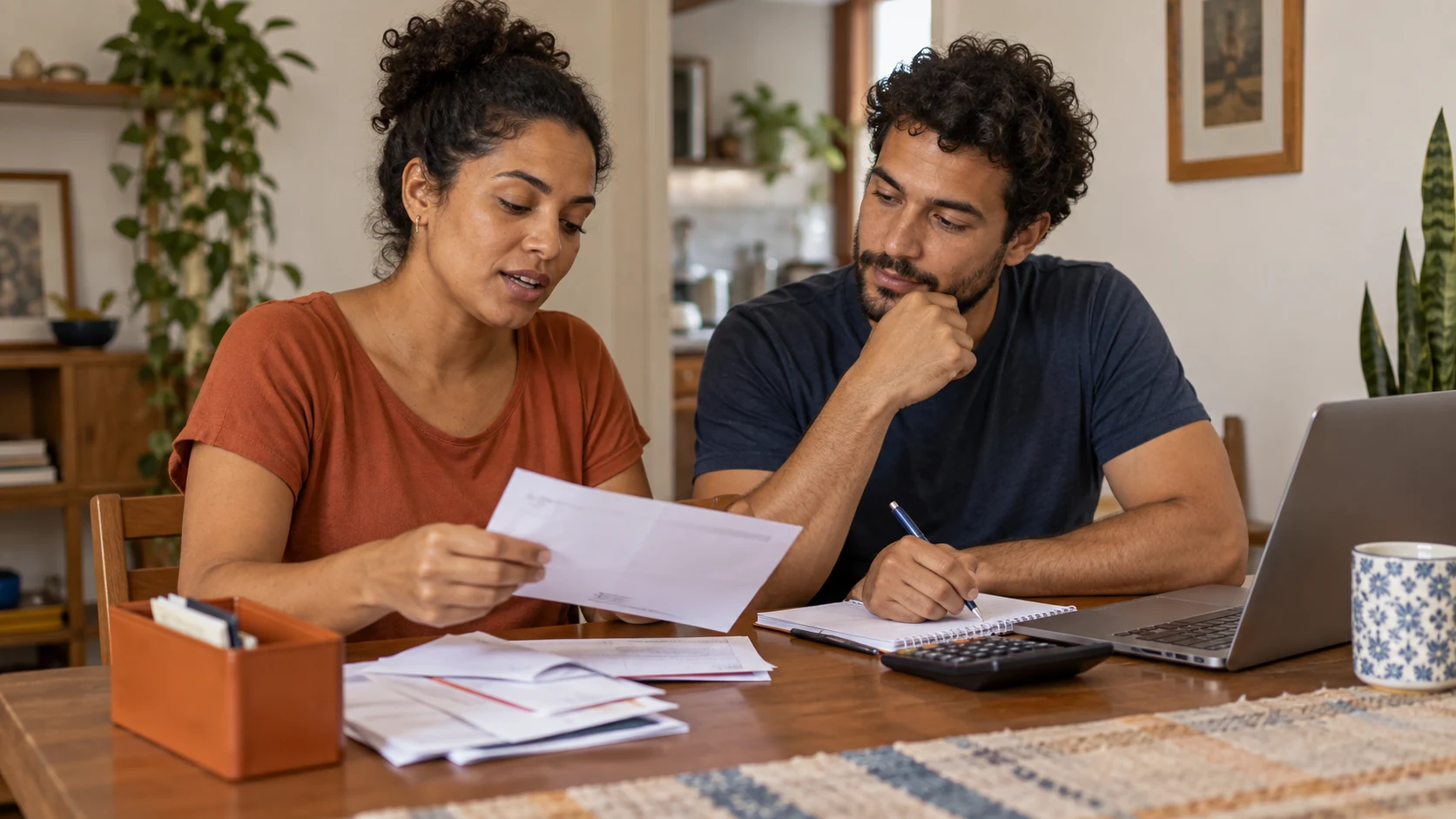 Casal organizando correspondências e um plano de pagamento de dívidas.