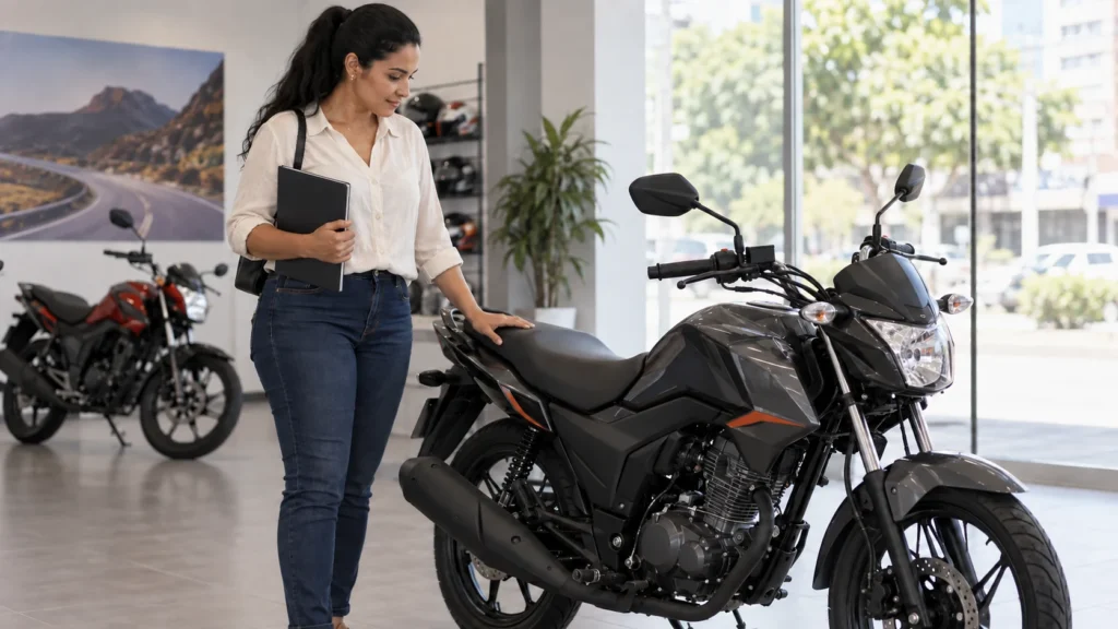 Mulher avalia uma moto em uma loja antes de decidir pela compra.