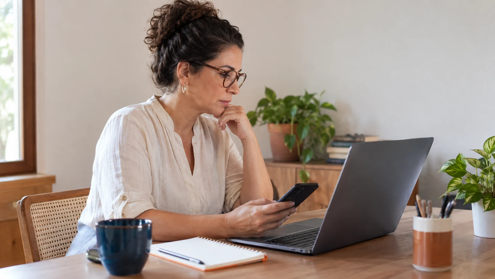 Mulher compara informações no computador e no celular para saber se o Juca é confiável.
