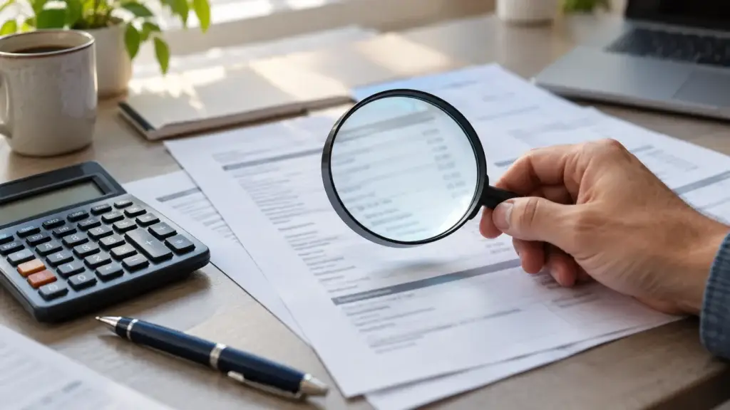 Calculadora e lupa sobre documentos para conferir o IOF de uma operação financeira.