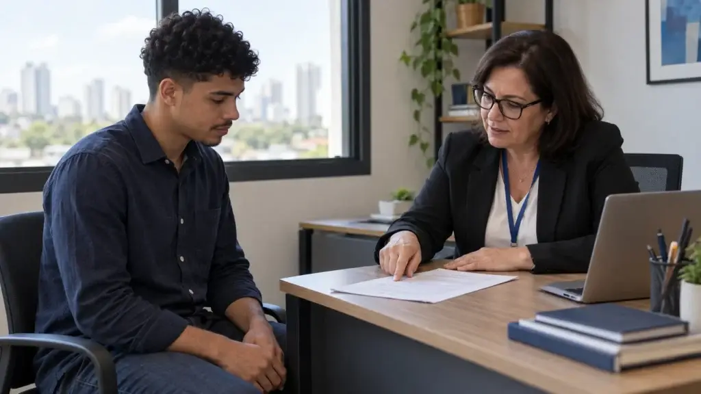 Trabalhador e profissional de RH conferem o contrato de trabalho CLT na contratação.
